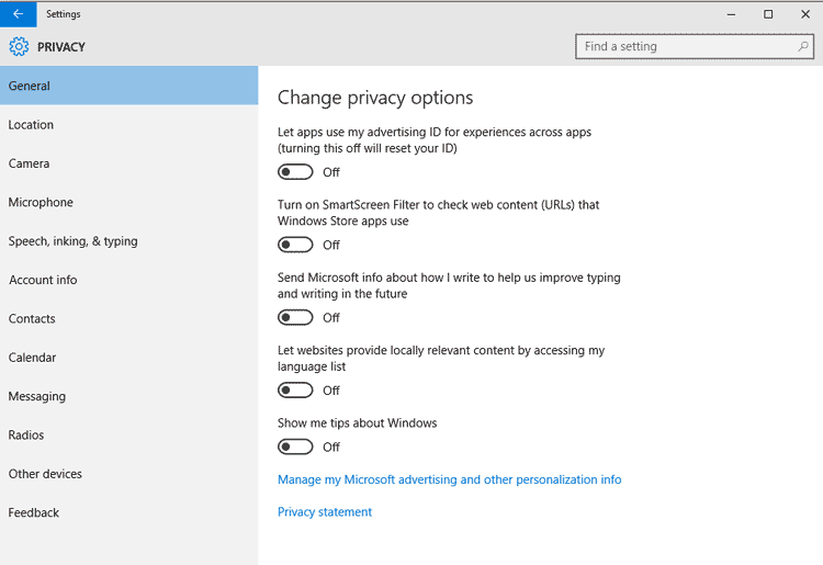 Windows 10 Privacy Options