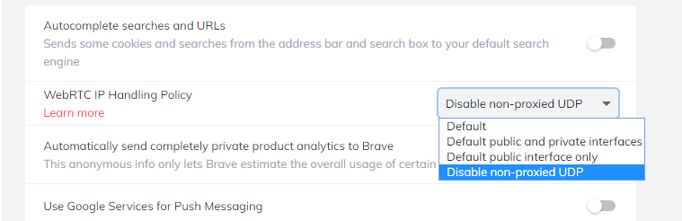 Brave Browser Web RTC Disabled