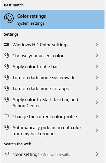 Color Settings Start Menu in Windows 10
