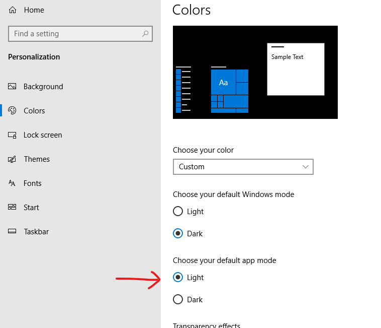Dark and Light App Mode in Windows 10
