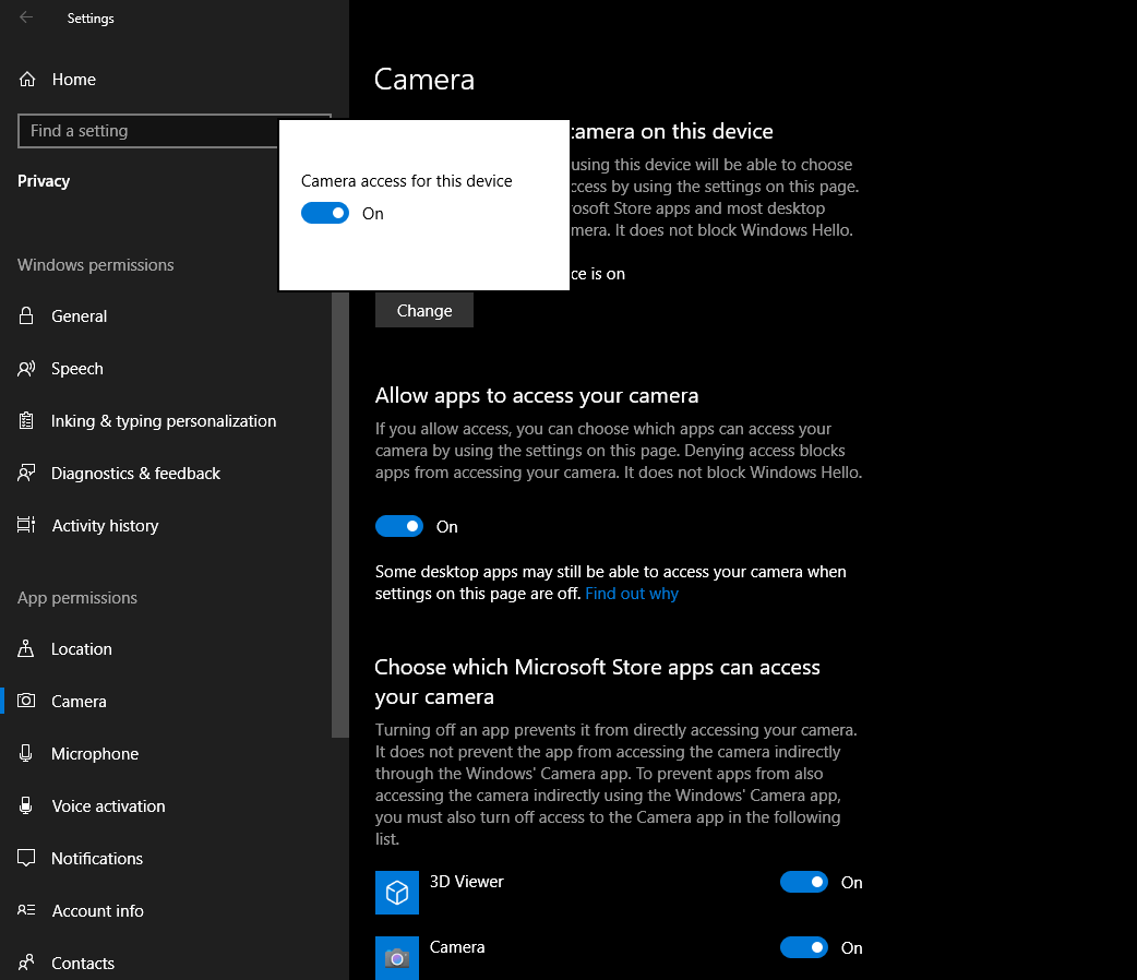 Enable Camera Windows 10 Privacy Settings