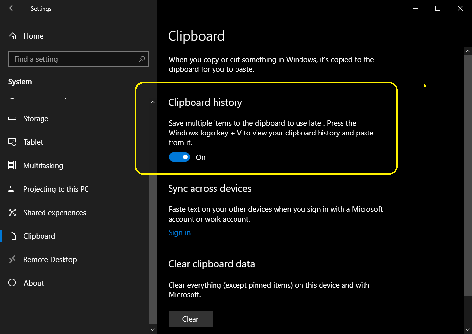 clipboard system settings windows 10