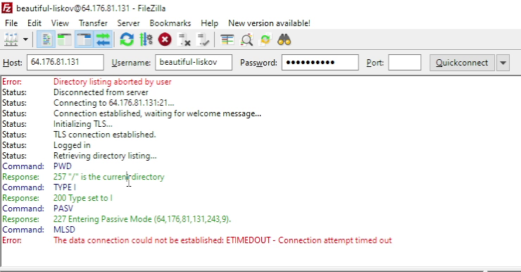 Error: The data connection could not be established: ETIMEDOUT - Connection attempt timed out