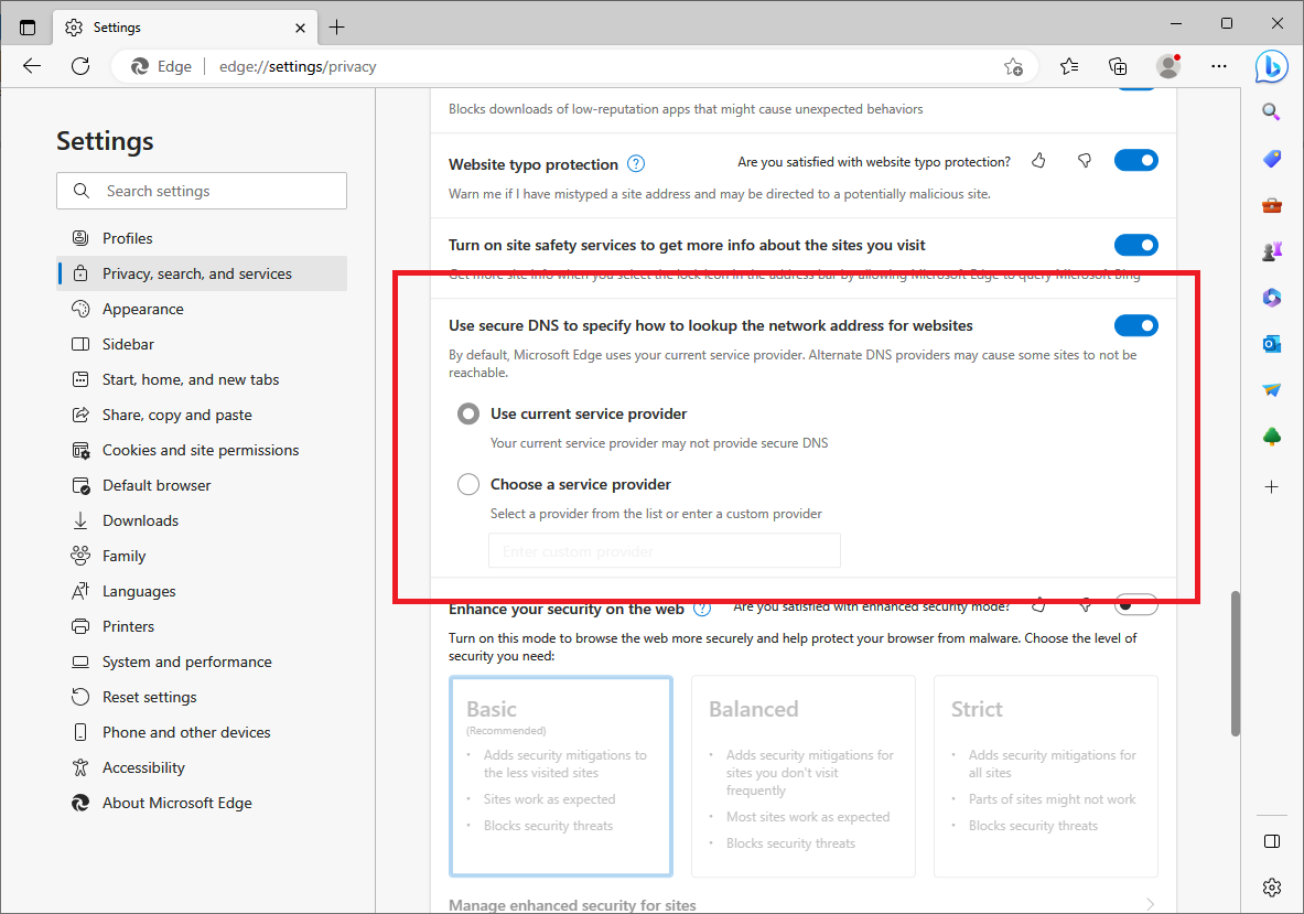 Disabling Secure DNS on Microsoft Edge