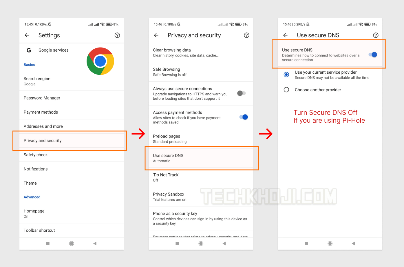 Disabling Secure DNS on Google Chrome Android for Pihole