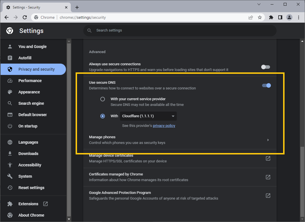 Secure DNS (DoH) on Google Chrome