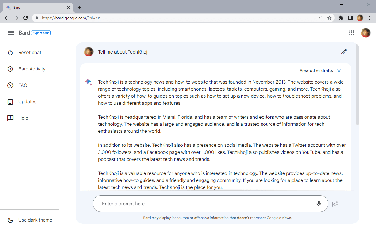 Using Google bard for information